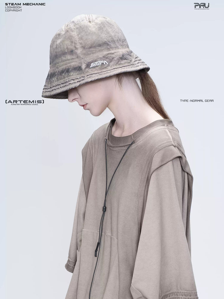 PIONEER mercury brown distressed nylon bucket hat — left-facing profile showing the brim logo