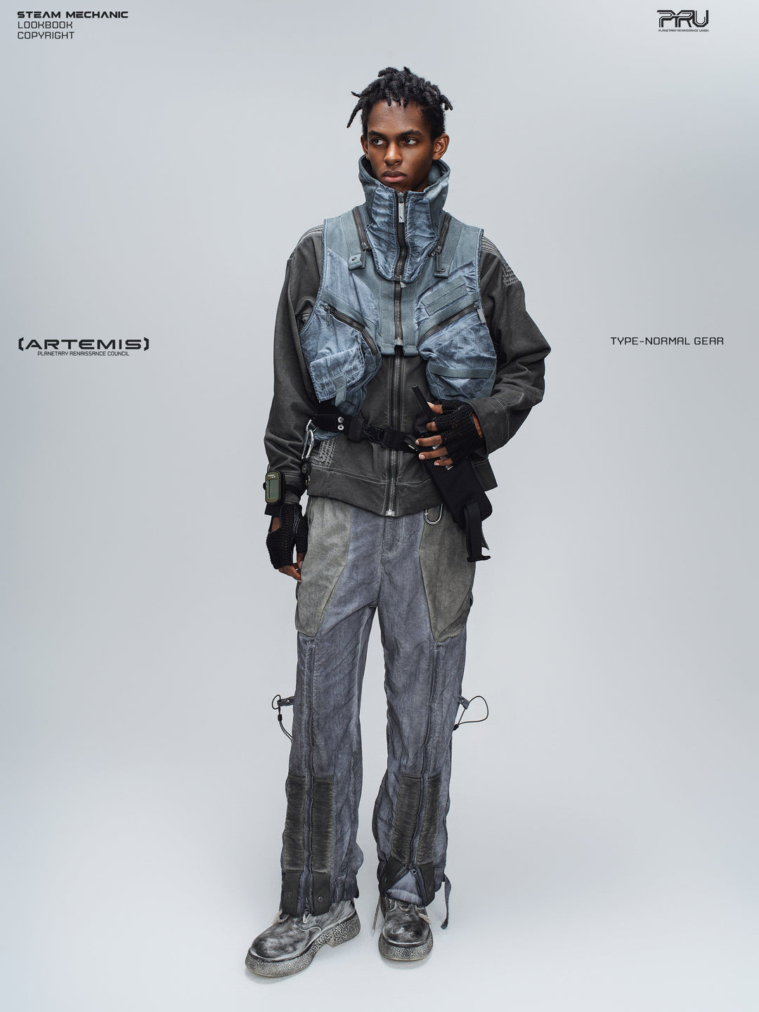 PIONEER moon dust gray distressed protection zip jacket — construction detail
