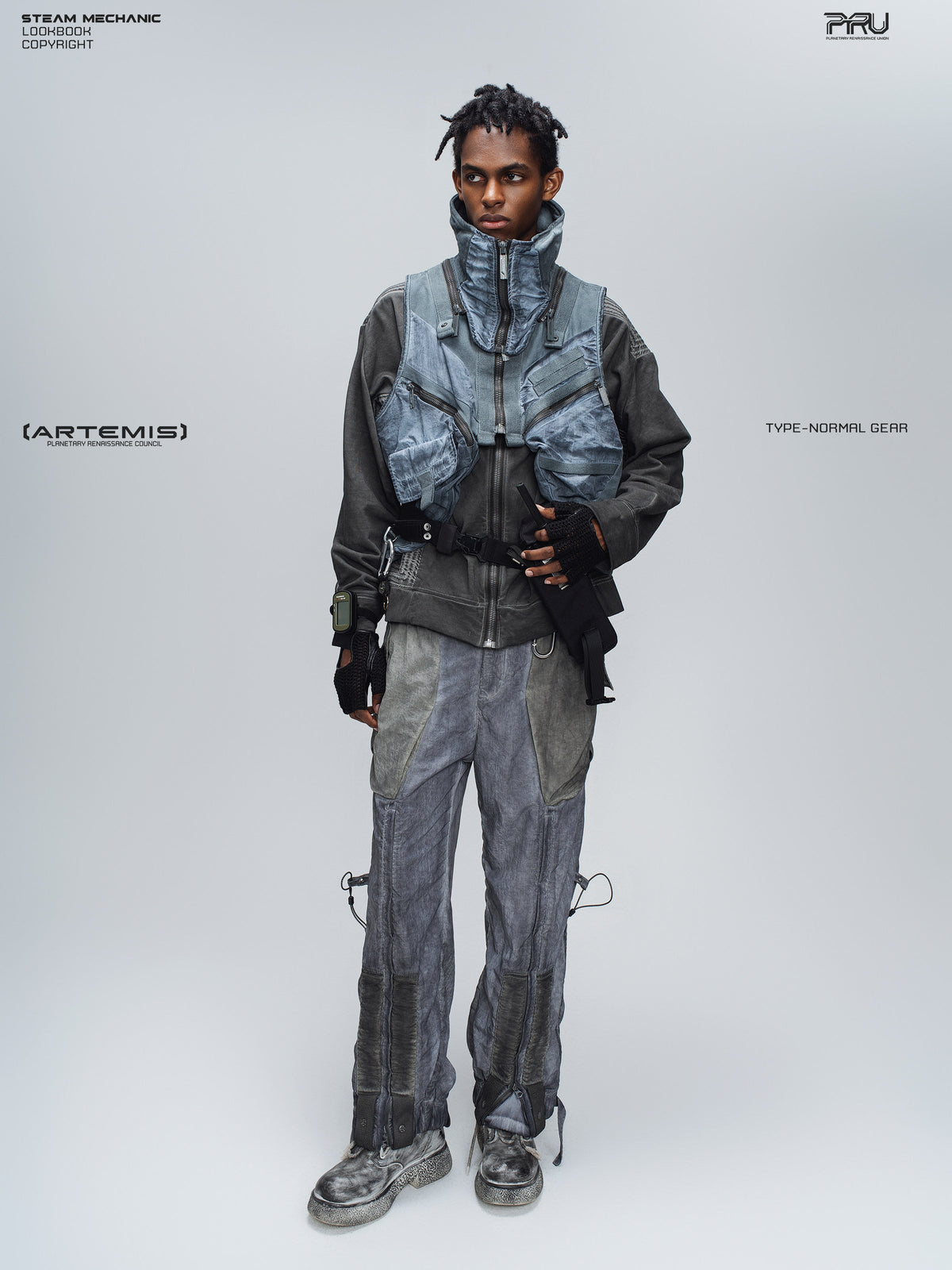 PIONEER moon dust gray distressed protection zip jacket — construction detail