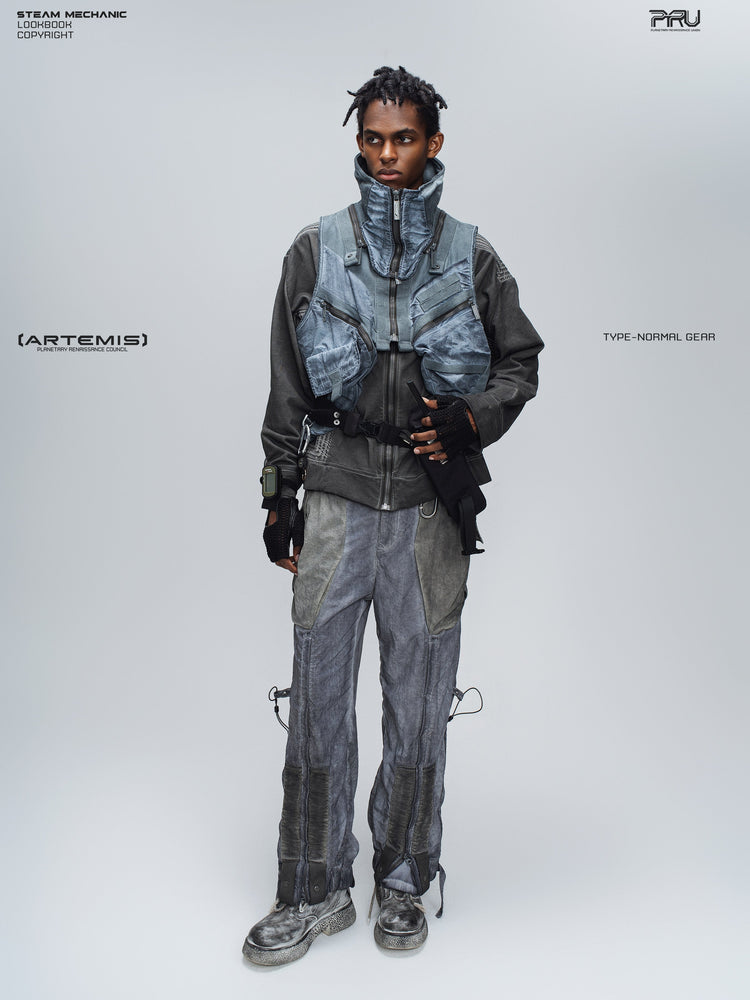 PIONEER moon dust gray distressed protection zip jacket — construction detail