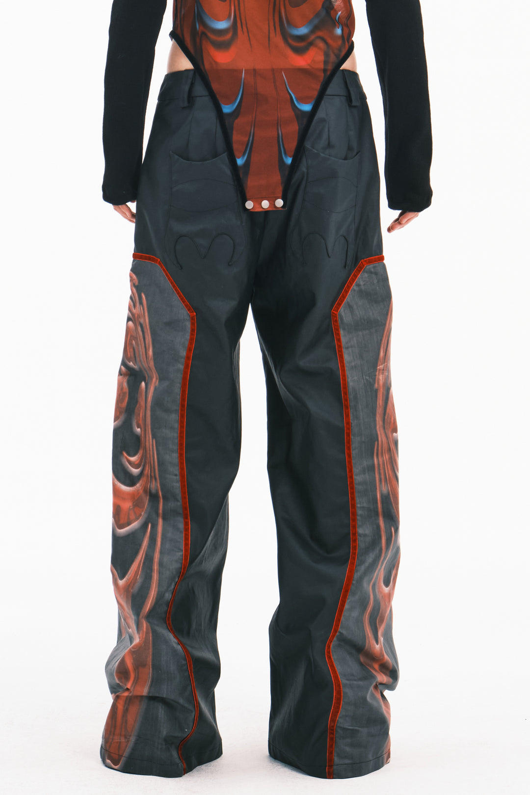 EMBRYO RED TOTEM coated wide-leg pants — close modeled view