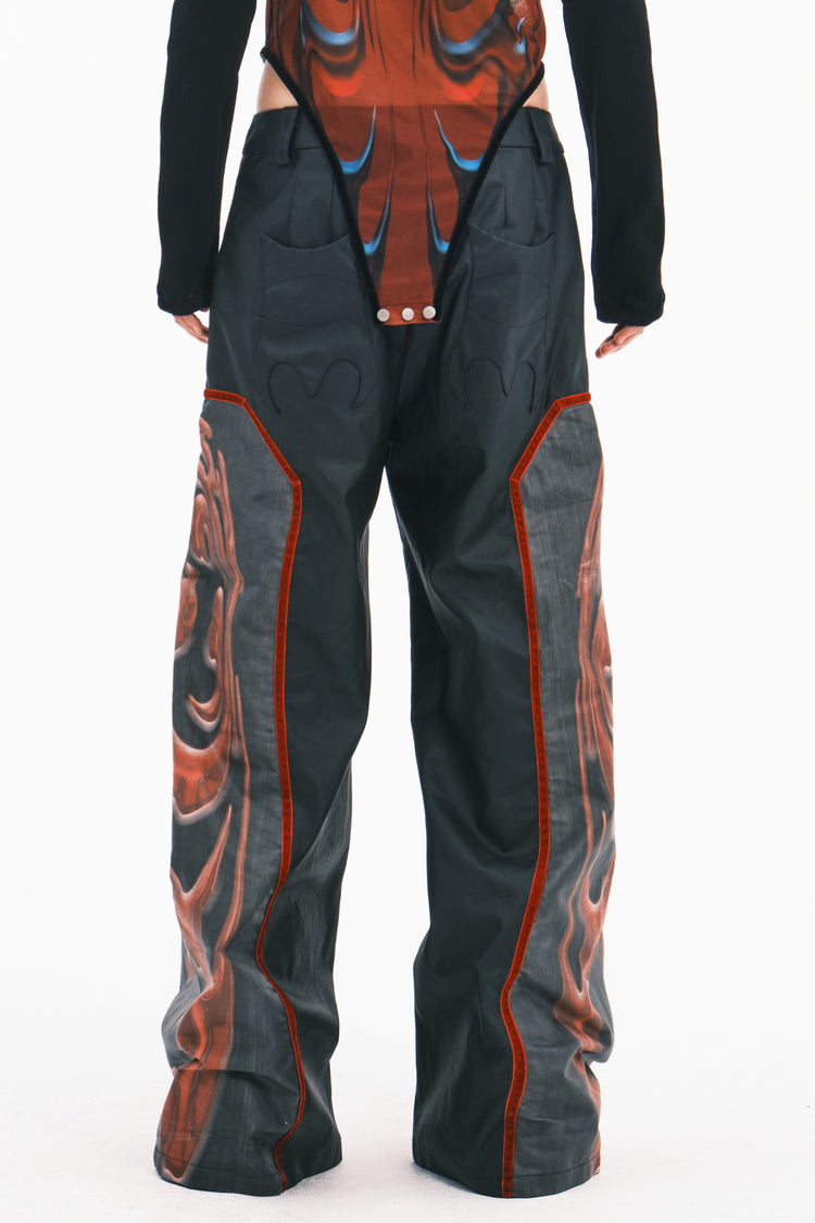 EMBRYO RED TOTEM coated wide-leg pants — close modeled view