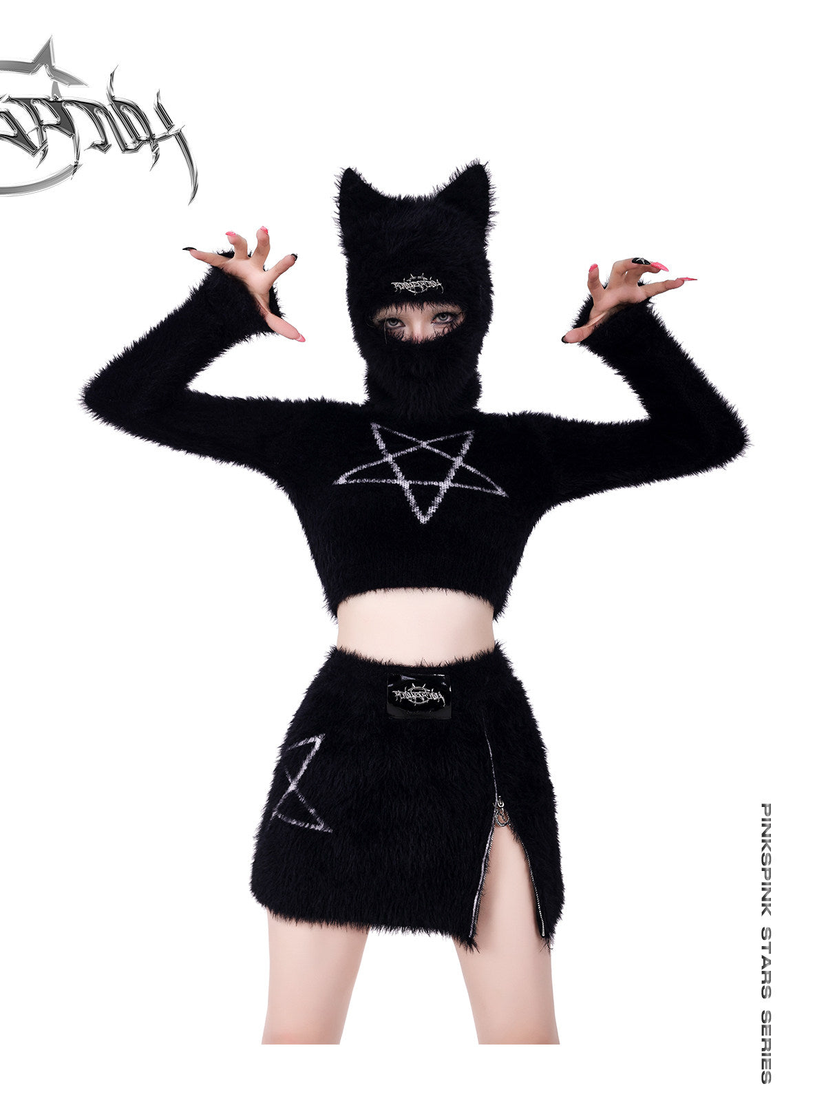 PINKSPINK PENTAGRAM cat-ear knit balaclava — catalog view showing the design and silhouette