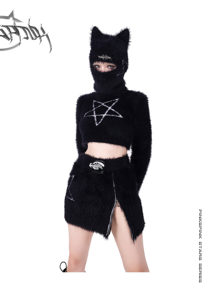 PINKSPINK PENTAGRAM cat-ear knit balaclava — full-length modeled styling view