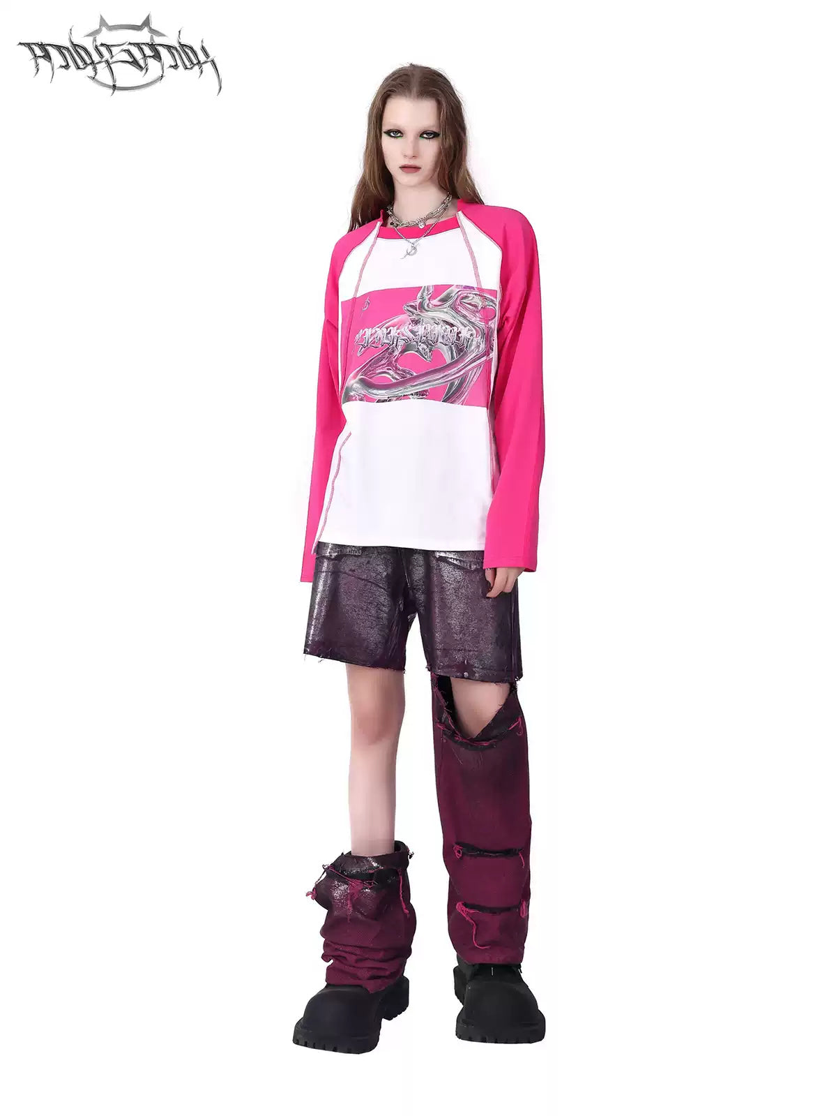PINKSPINK ELECTRIC MOON silver-coated convertible jeans in burgundy silver — full-length modeled view demonstrating one detached lower leg