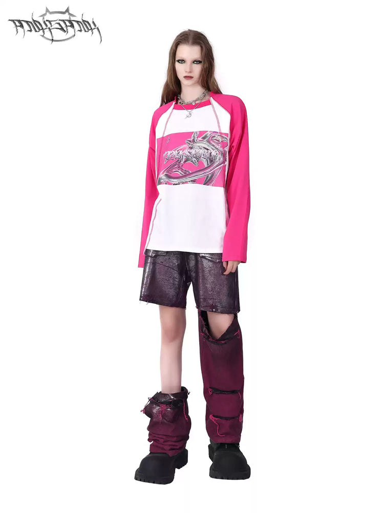 PINKSPINK ELECTRIC MOON silver-coated convertible jeans in burgundy silver — full-length modeled view demonstrating one detached lower leg