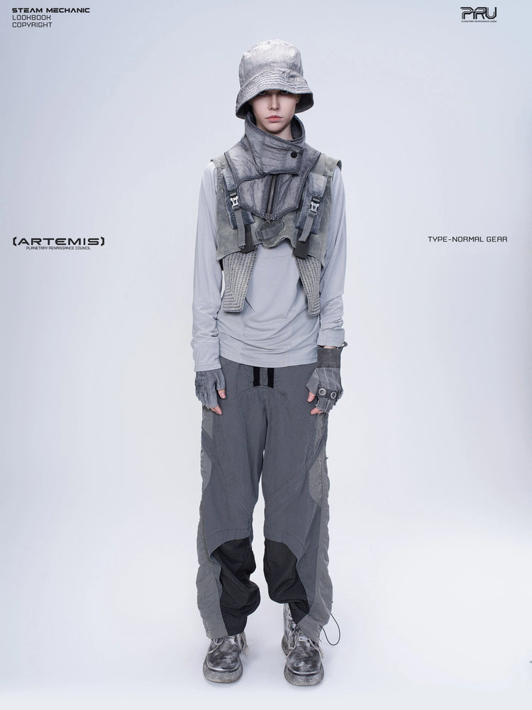 SUPERNOVA alloy gray metallic nylon technical pants — full-length front modeled view