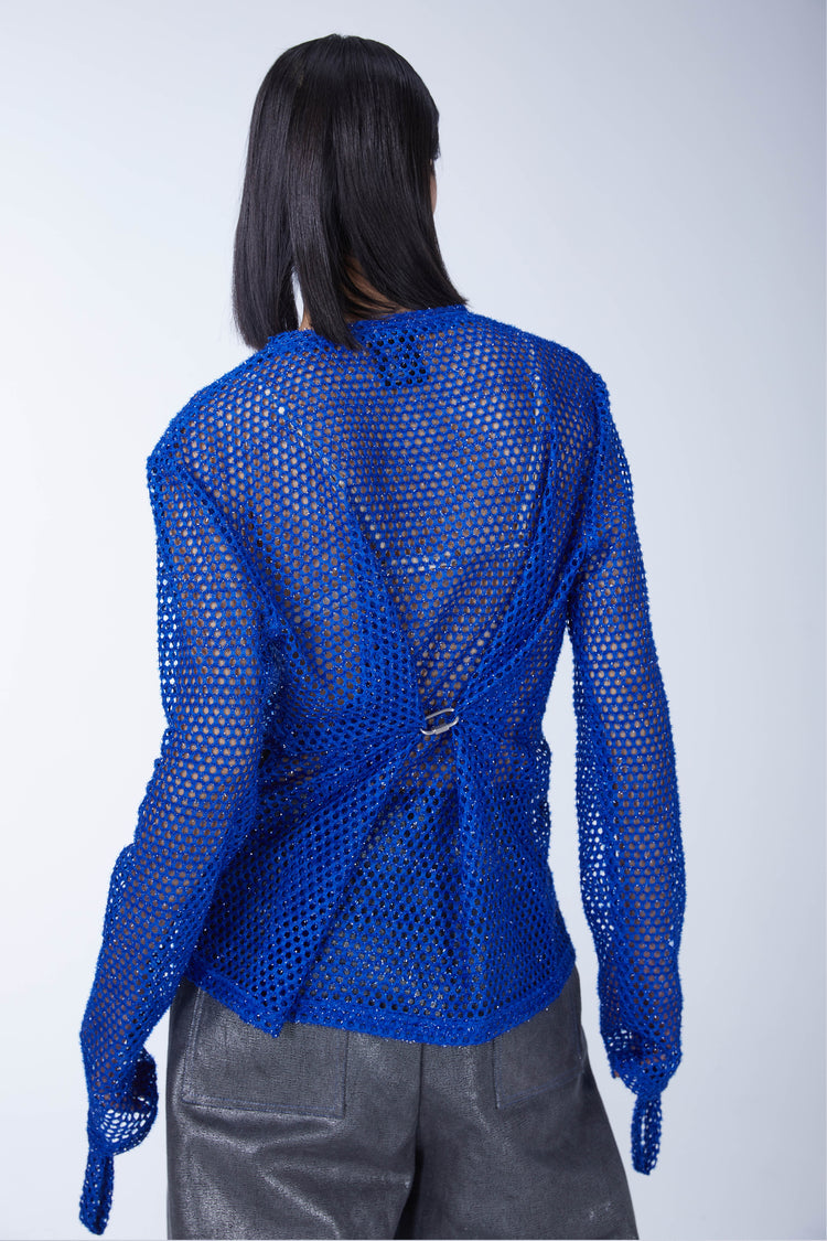EMBRYO BLUE VOID cutout mesh finger-sleeve top — close modeled styling view
