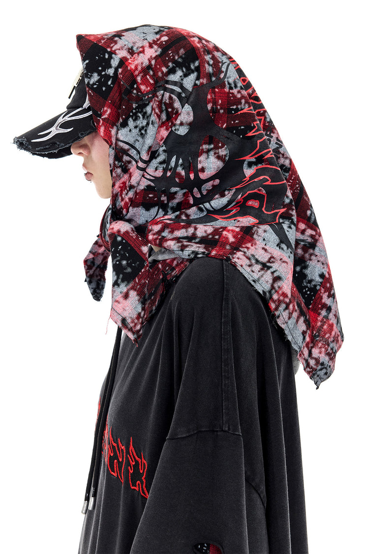 PINKSPINK REMAKE red-plaid bandana top / headscarf — modeled detail view of the garment construction