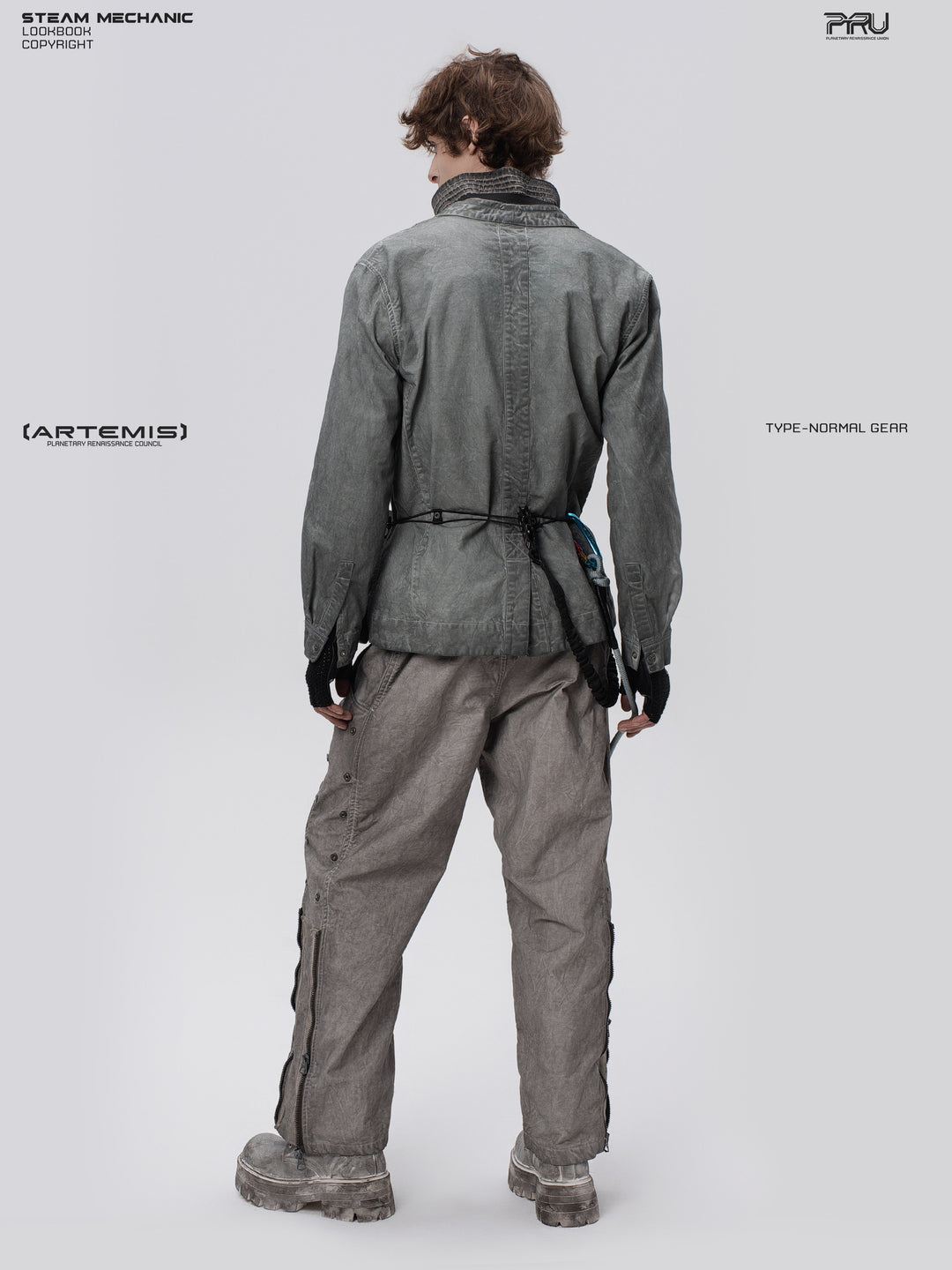 GAIA meteor gray open-collar technical robe — full-length modeled opposite rear three-quarter view