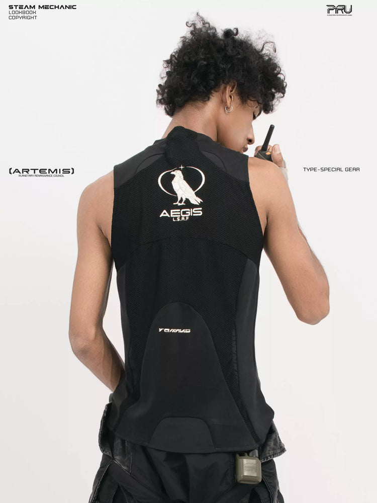 AEGIS blackbird black distressed mesh tank — rear three-quarter modeled view showing AEGIS bird logo