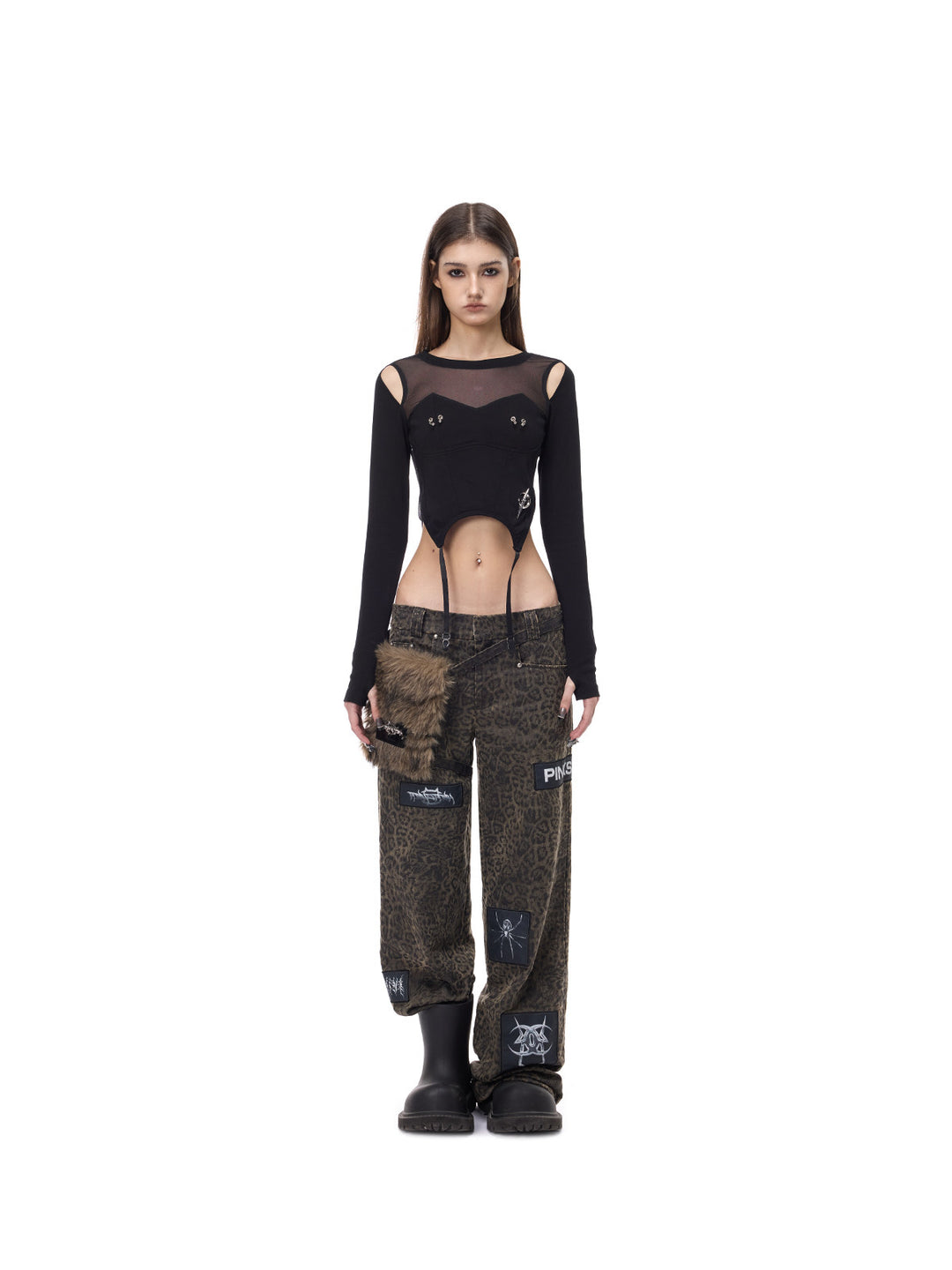 PINKSPINK LEOPARD RIOT detachable-pouch wide-leg pants — front full-length view with fitted black top