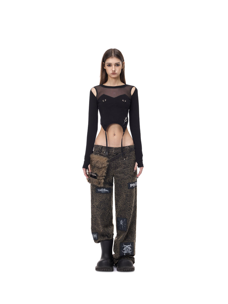 PINKSPINK LEOPARD RIOT detachable-pouch wide-leg pants — front full-length view with fitted black top