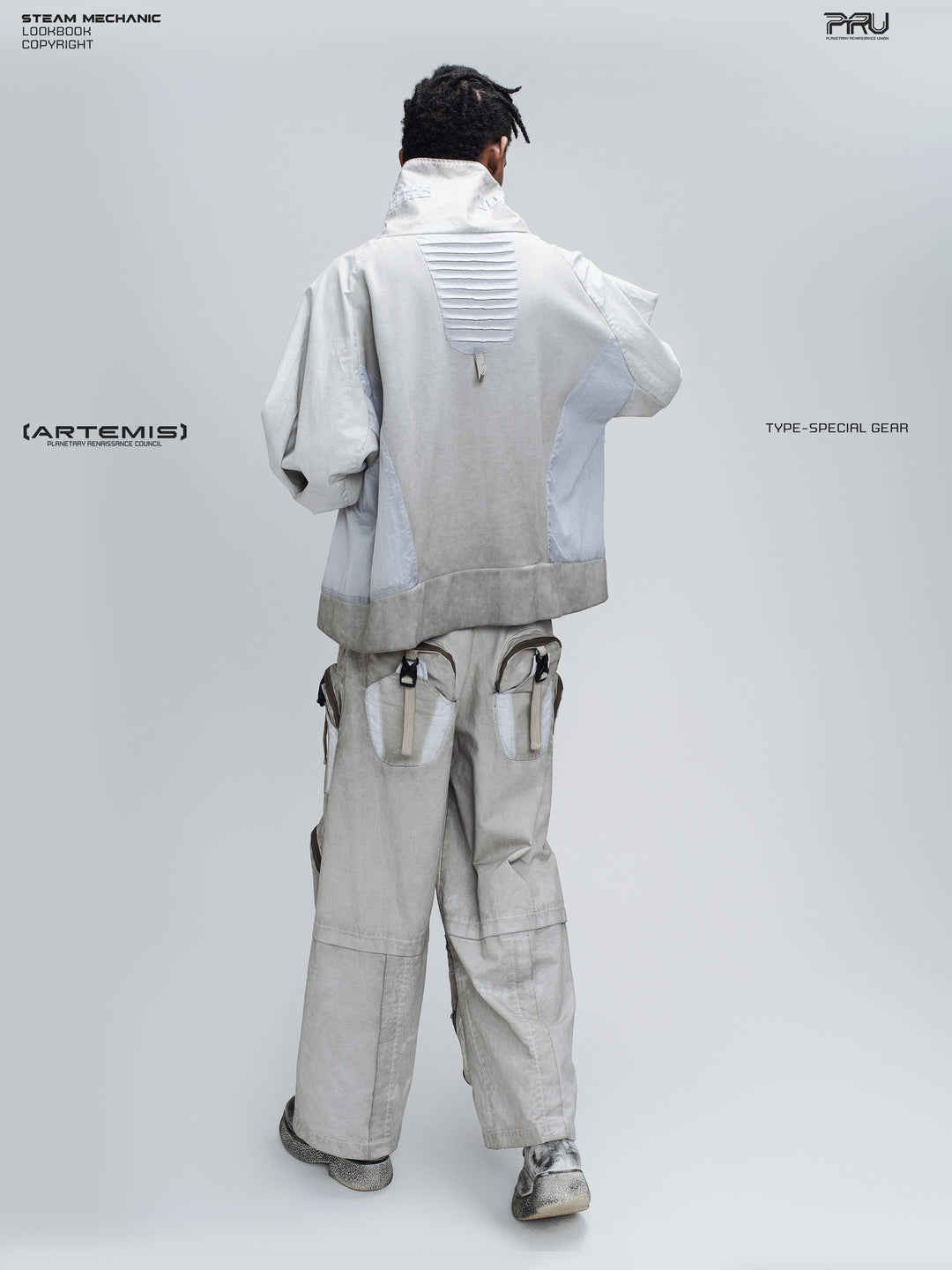 PIONEER eris white detachable-pocket utility hoodie in eris white — full-length rear modeled view showing the hood panel