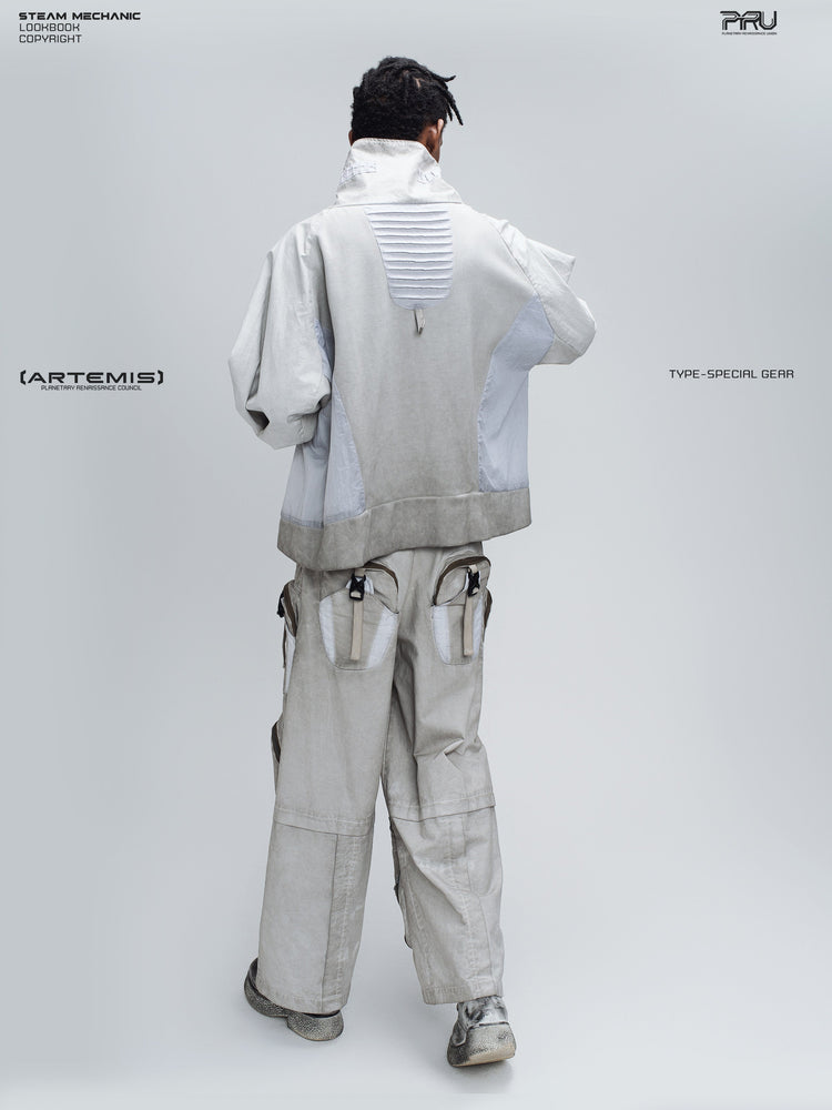 PIONEER eris white detachable-pocket utility hoodie in eris white — full-length rear modeled view showing the hood panel