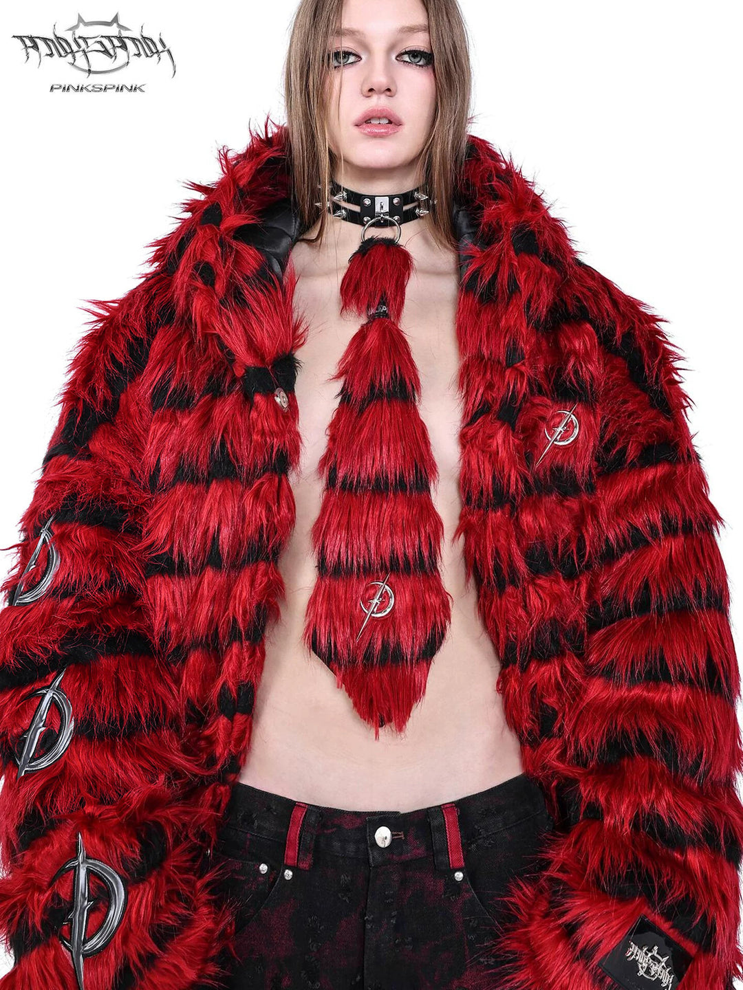 PINKSPINK ELECTRIC MOON black-red faux-fur studded collar — cleaned hero collage showing the complete design