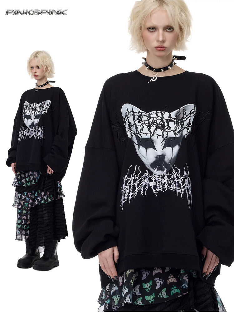 PINKSPINK CAT ALIEN embroidered oversized sweatshirt — black modeled collage showing embroidered cat graphic