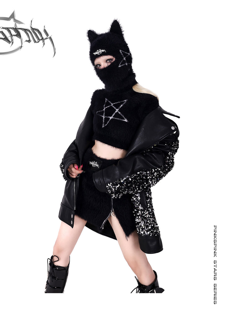 PINKSPINK PENTAGRAM cat-ear knit balaclava — modeled front styling view