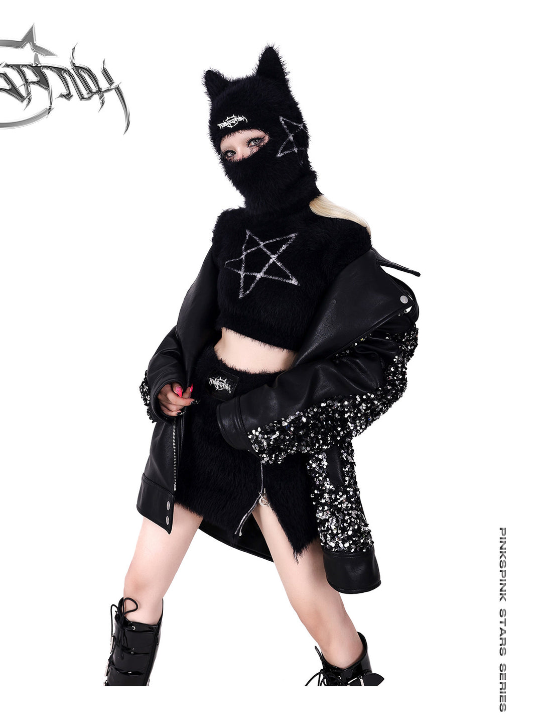 PINKSPINK PENTAGRAM knit crop top / mini skirt — alternate angle showing the shape and finish
