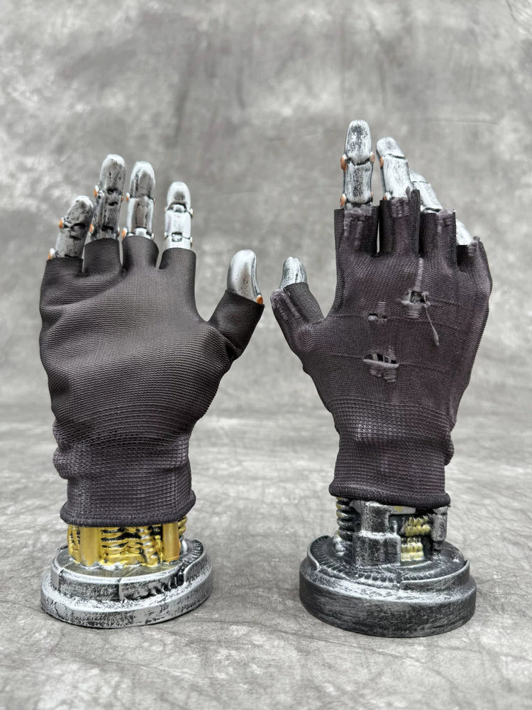 PRECISION CASTING distressed fingerless gloves in dust purple — distressed fingerless gloves on upright metal display hands