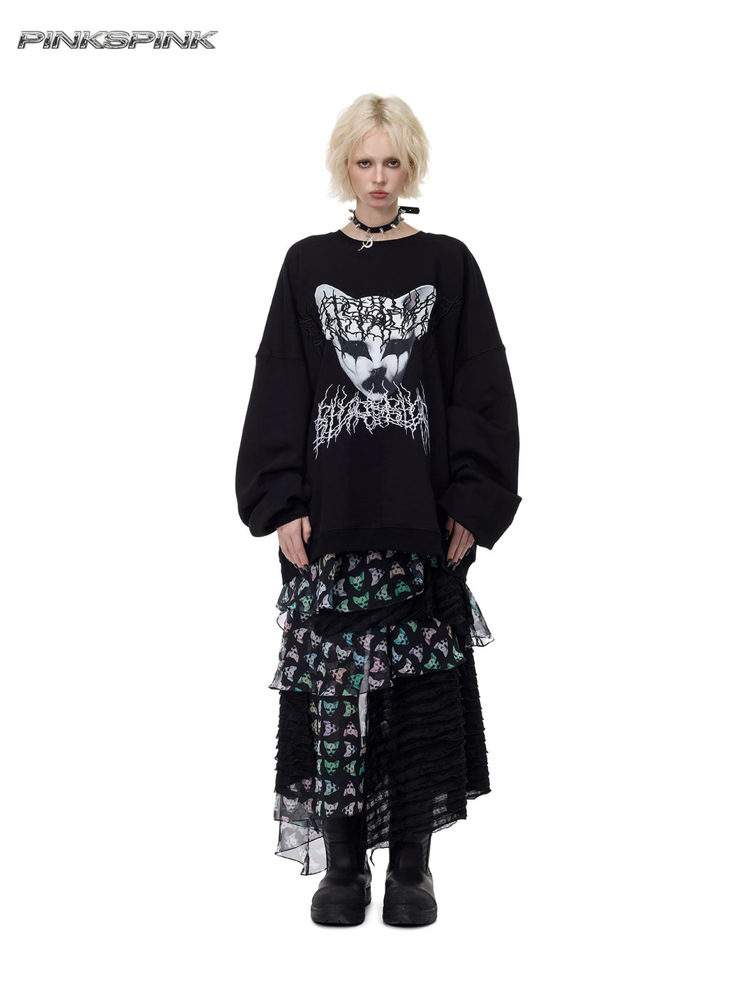 PINKSPINK CAT ALIEN asymmetric mesh maxi skirt — front full-length styling with oversized sweatshirt