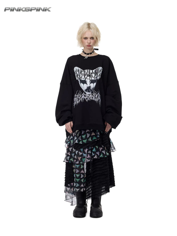 PINKSPINK CAT ALIEN asymmetric mesh maxi skirt — front full-length styling with oversized sweatshirt