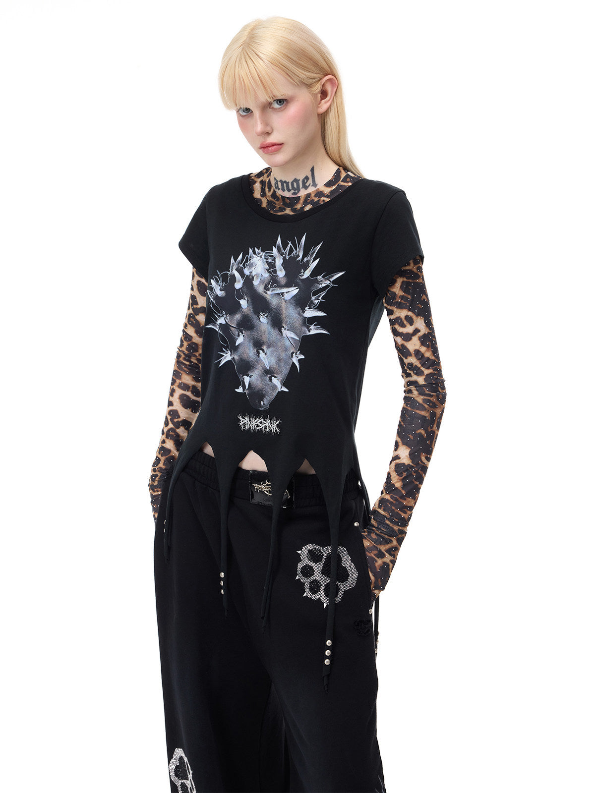 PINKSPINK VENOM rhinestone leopard mesh tee in brown leopard — close styling view under a separate black graphic tee