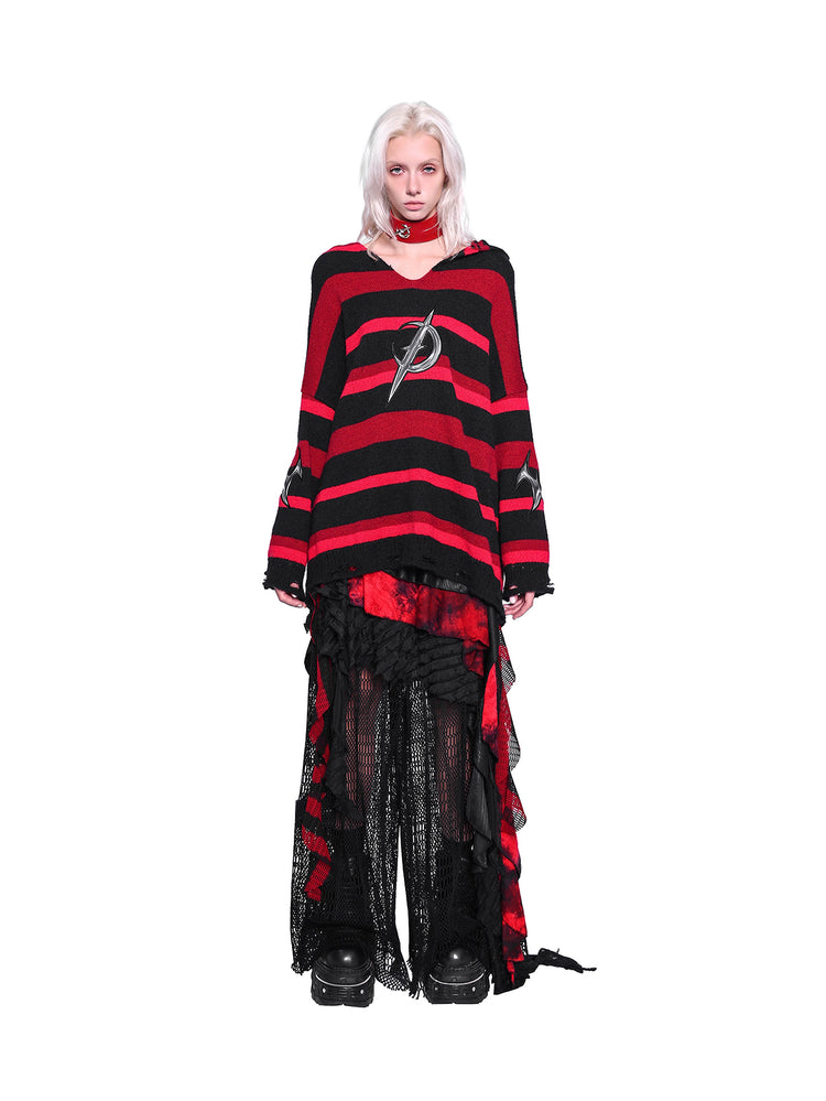 PINKSPINK ELECTRIC MOON striped hooded sweater in BLACK AND RED — full-body front view with hood down.