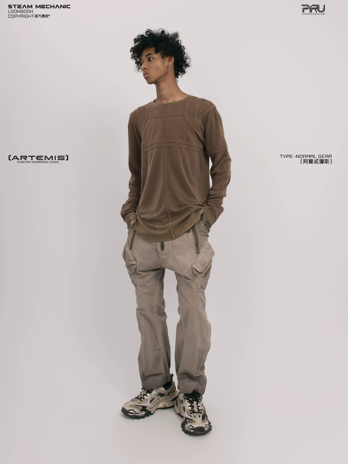 RUSTED ORBIT petrified brown mesh-panel long-sleeve top — alternate modeled angle