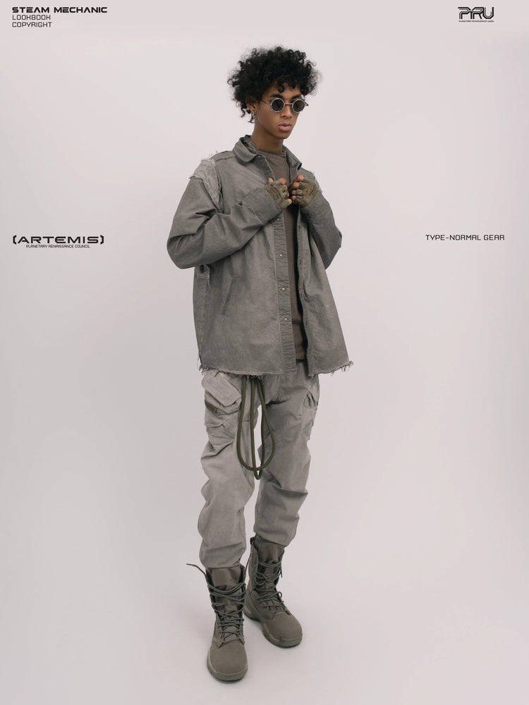CHAOS ERA moon dust gray raw-edge technical shirt — full-length angled front modeled view adjusting the collar
