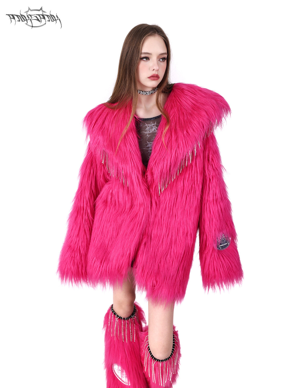 PINKSPINK BARBIE PINK rhinestone faux-fur coat — modeled detail view of the garment construction