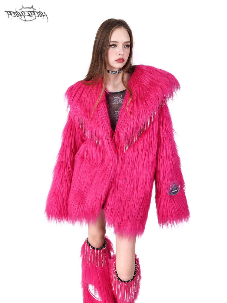 PINKSPINK BARBIE PINK rhinestone faux-fur leg warmers — alternate angle showing the shape and finish