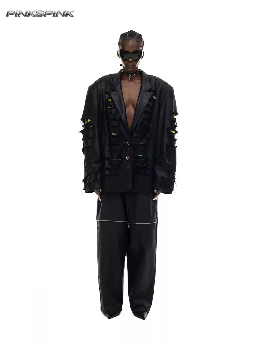 PINKSPINK ELECTRIC MOON coated zip-knee wide-leg pants in black — front full-length modeled view styled with a distressed blazer