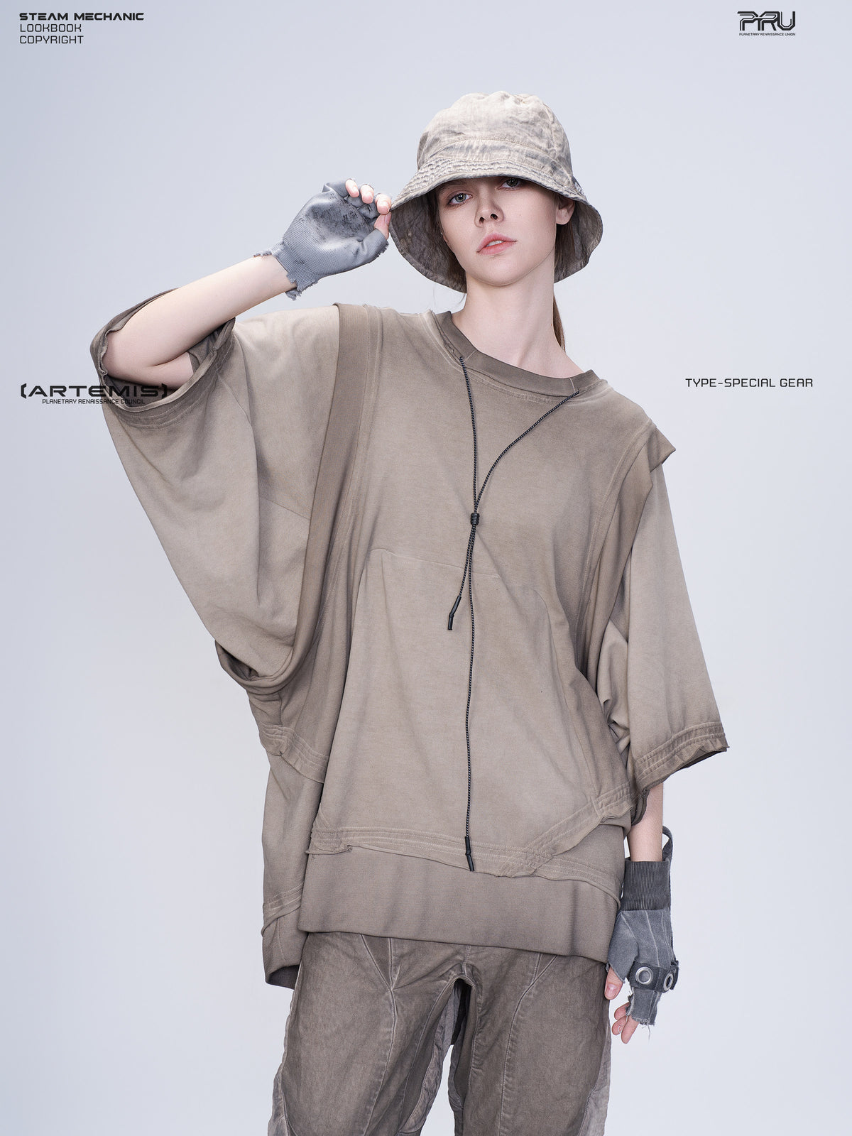 SUPERNOVA mercury brown convertible drawstring technical tee — modeled front view with raised arm showing the convertible sleeve opening