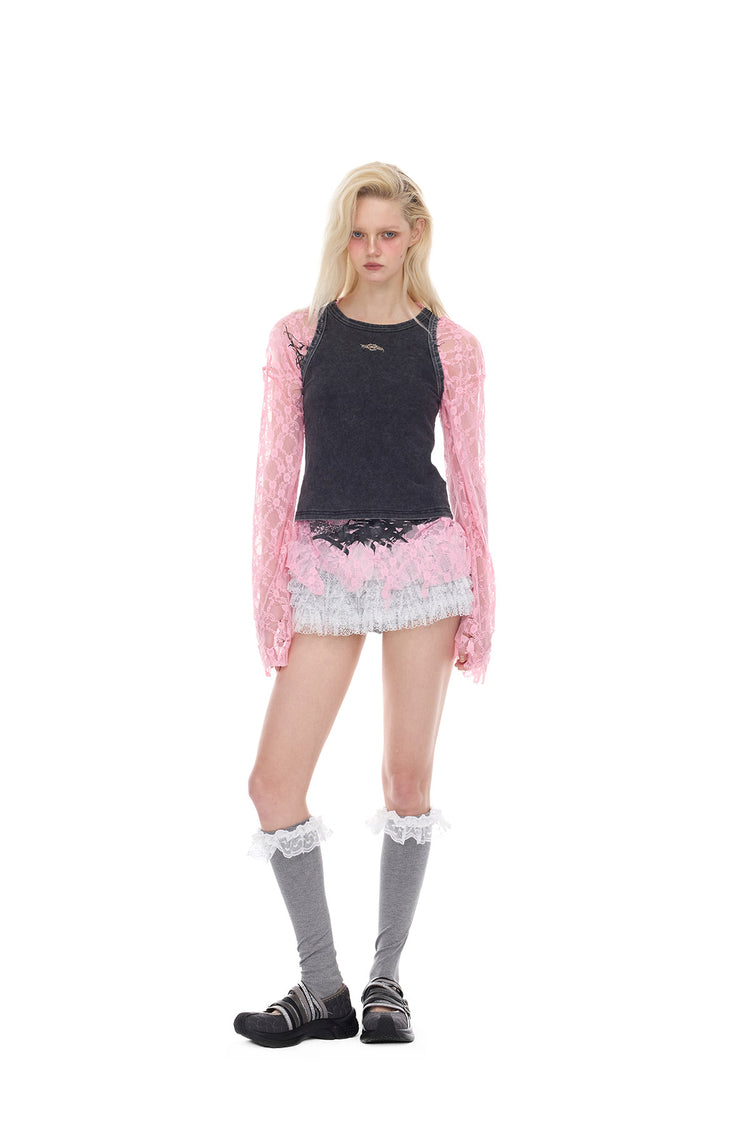 PINKSPINK ELECTRIC MOON thorn-cat distressed lace layering tee — modeled front styling view
