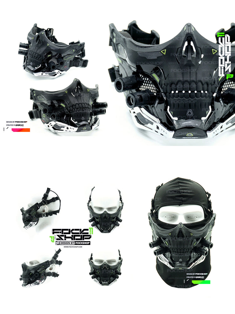FOCKSHOP STARPOLE skull cyber mask — standard black mask from opposite angles with the original fabric base hood