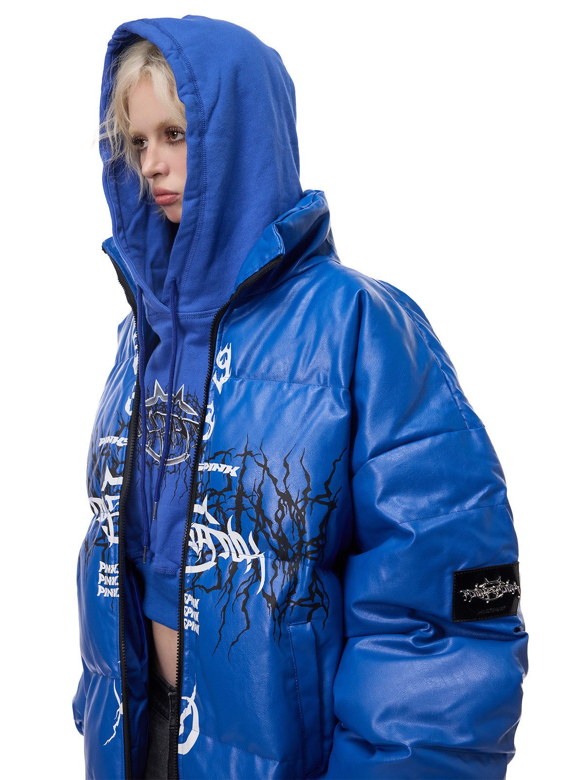 PINKSPINK MOTORBLOC padded faux-leather jacket — Klein blue three-quarter close-up