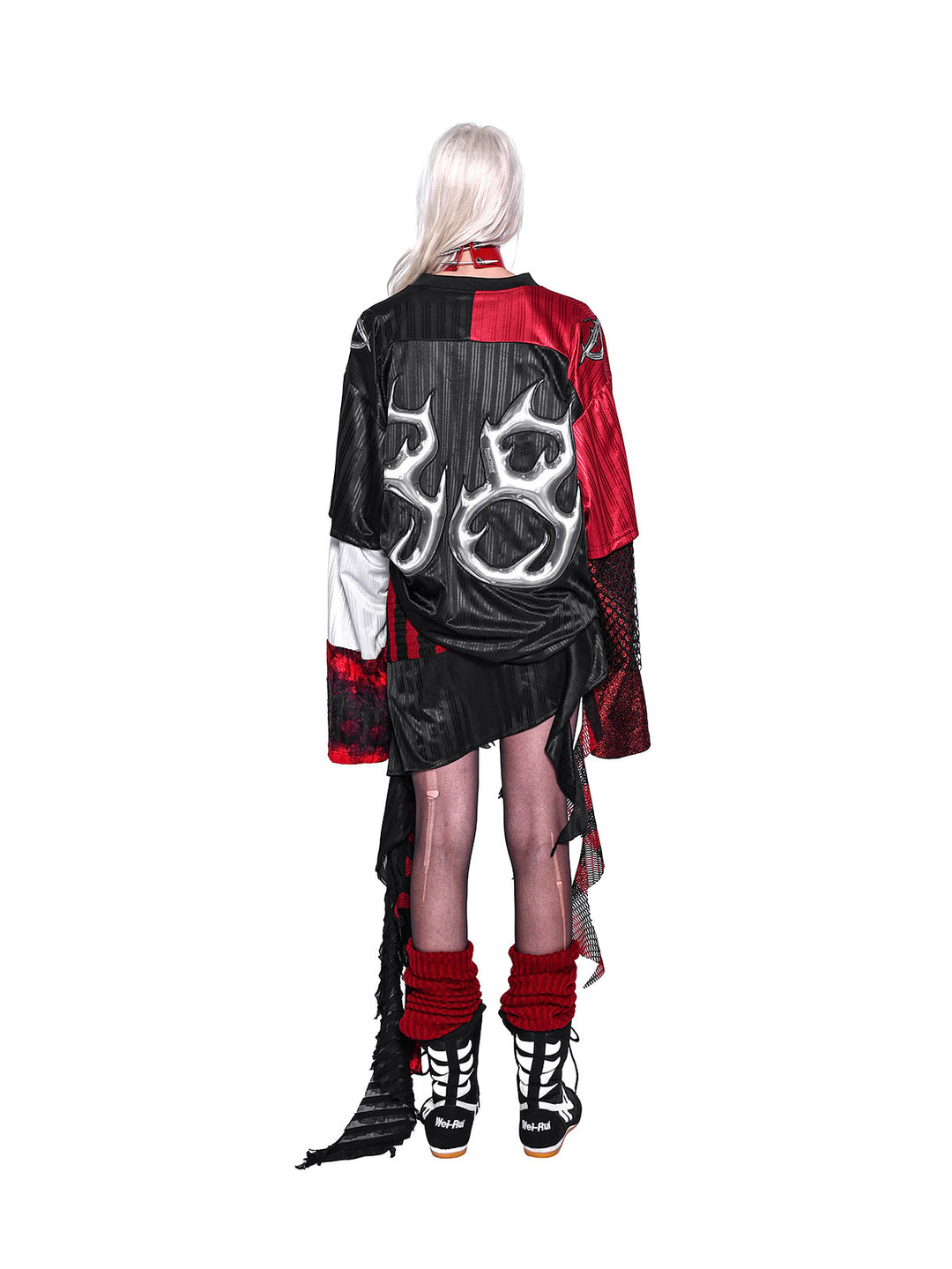 PINKSPINK ELECTRIC MOON layered striped mesh mini skirt — black and red — back view styled with an oversized graphic tee