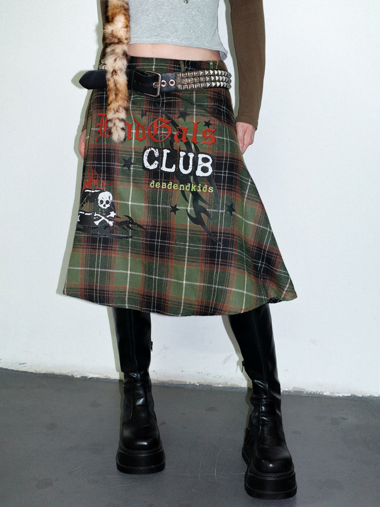 DeadEndKids BadGals Club double-sided plaid A-line skirt — green-brown front gallery view