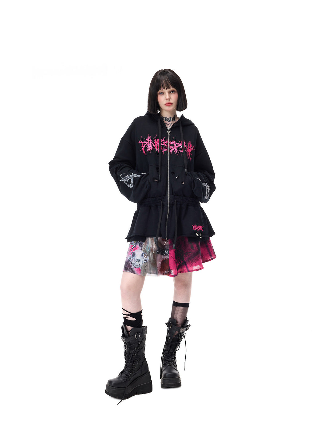 PINKSPINK MOHAWK RITUAL studded zip-up hoodie — front full-length styling with pink printed skirt