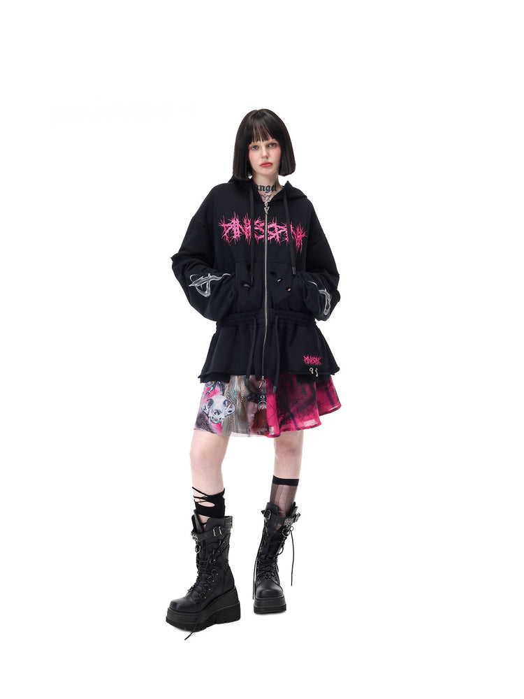 PINKSPINK MOHAWK RITUAL studded zip-up hoodie — front full-length styling with pink printed skirt