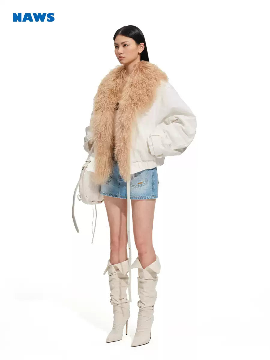 NAWS ARCTIC shearling-collar padded denim jacket — close modeled view highlighting the construction