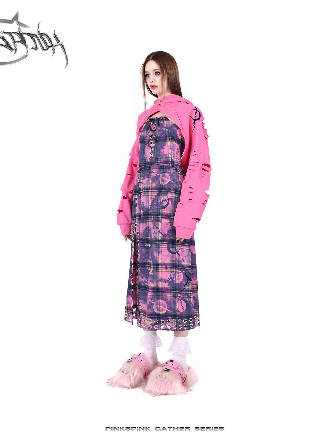 PINKSPINK WASTELAND eyelet plaid halter dress in pink purple — side outfit view with a pink cropped layer