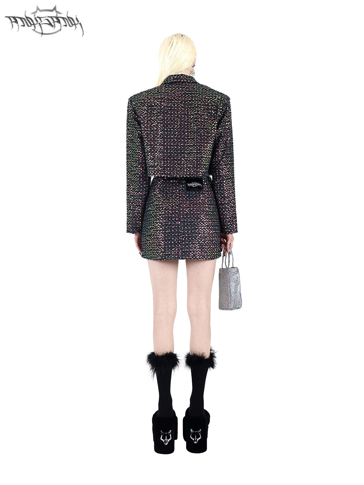 PINKSPINK SPARK sequined jacket and mini skirt set — black sequined set, full-length back view