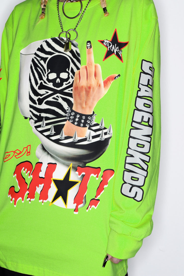 DEADENDKIDS MIDDLE FINGER oversized long-sleeve tee — rear modeled view