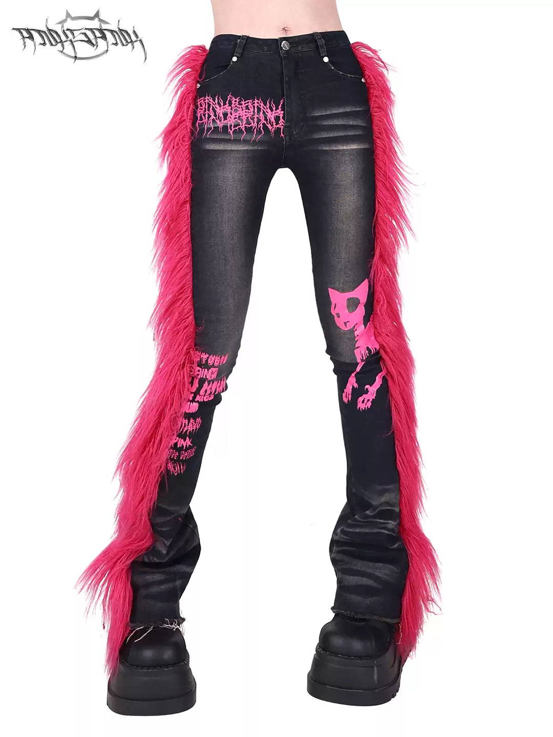 PINKSPINK BARBIE faux-fur flared jeans in PINK — close front view of the pink faux-fur strips and printed black denim.