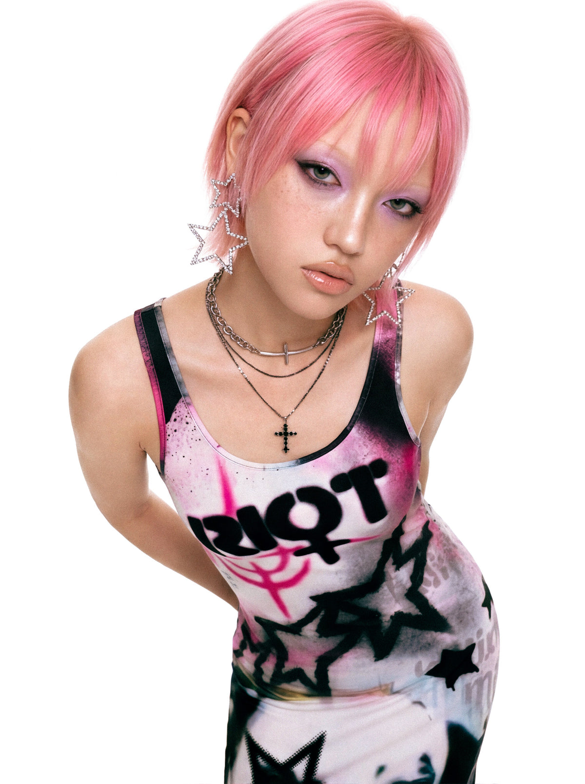 DEADENDKIDS RIOT GRAFFITI fitted maxi dress — alternate modeled angle
