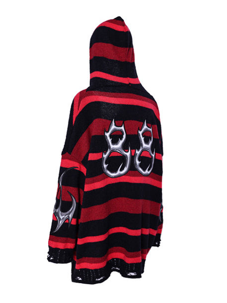 PINKSPINK ELECTRIC MOON striped hooded sweater in BLACK AND RED — garment-only rear view with hood and silver-tone 88 appliqué.