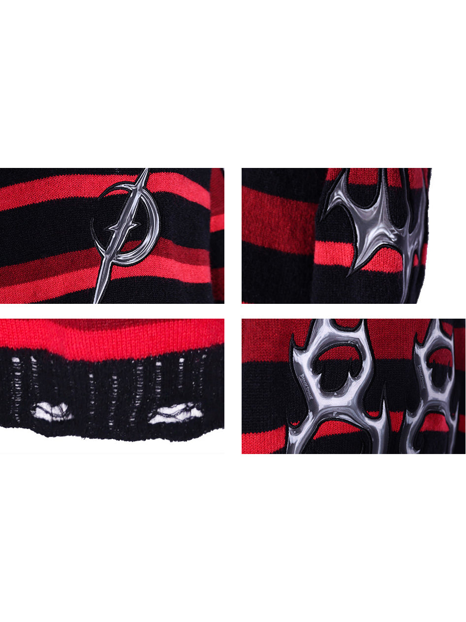 PINKSPINK ELECTRIC MOON striped hooded sweater in BLACK AND RED — four detail views of chest emblem, sleeve flame, distressed hem and rear 88 appliqué.
