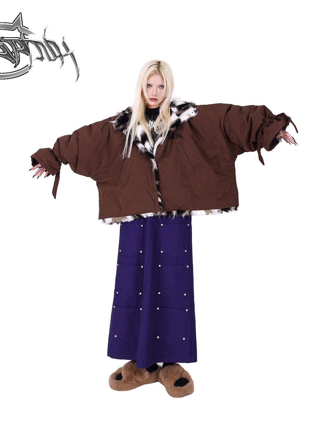 PINKSPINK DNA reconstructed multi-pocket denim maxi skirt — front modeled view with arms extended
